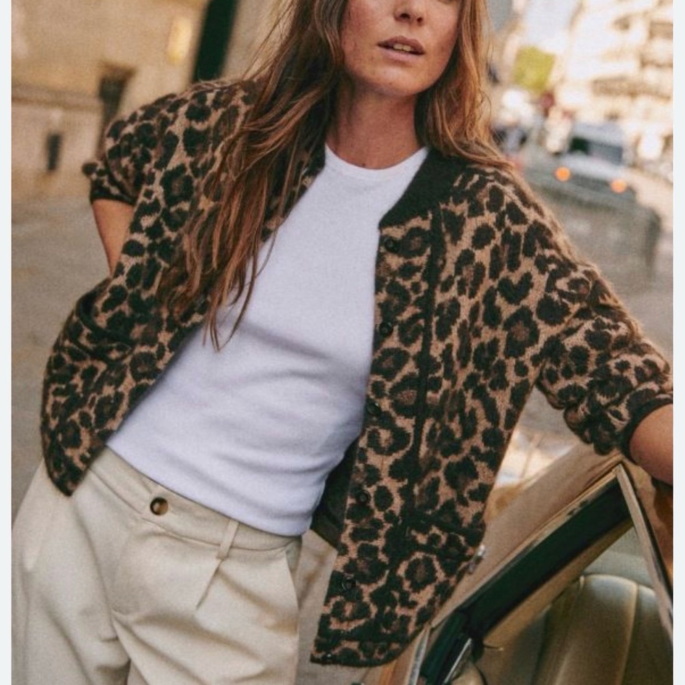 Sézane Leopard Noah Wool Teddy Jacket Cardigan